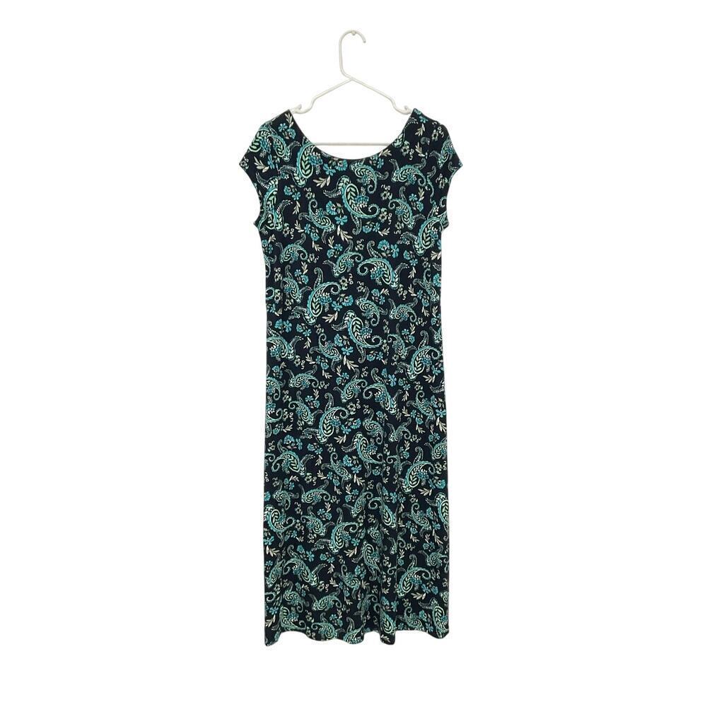 J. Jill Pleated V-Back Maxi Dress Blue Floral Paisley Small Cap Sleeves Stretch - Picture 2 of 7